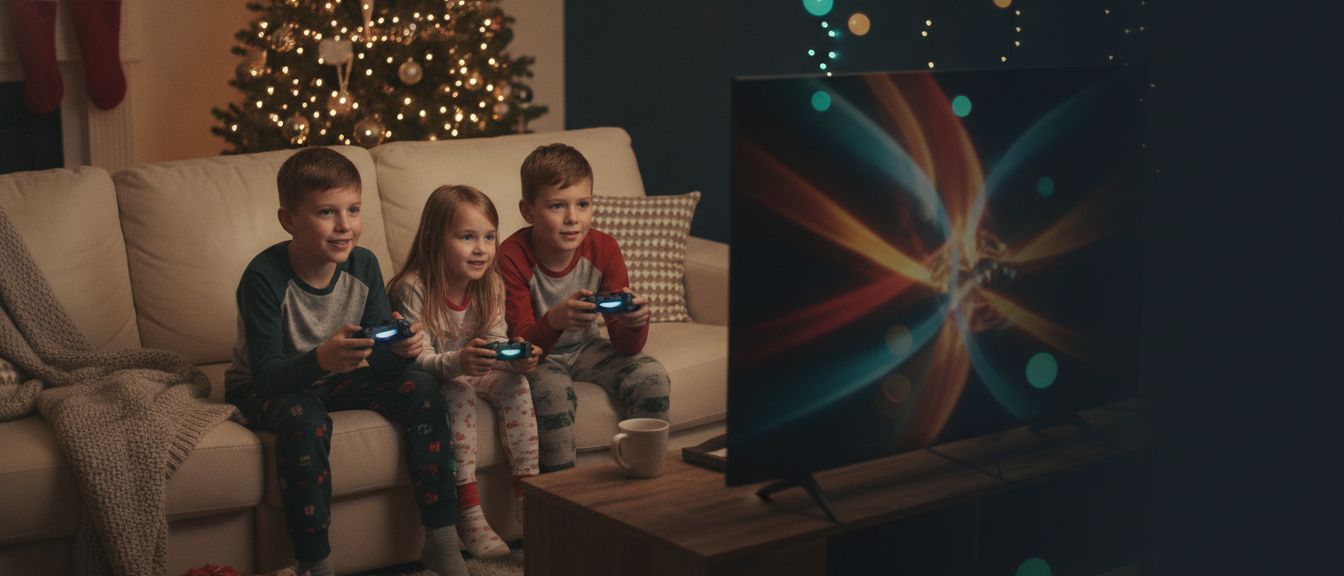 Three kids in pajamas playing a video game together by the Christmas tree