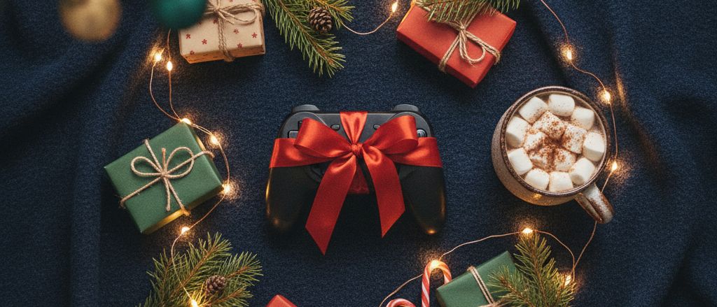 A game controller wrapped with a red bow among small Christmas gifts