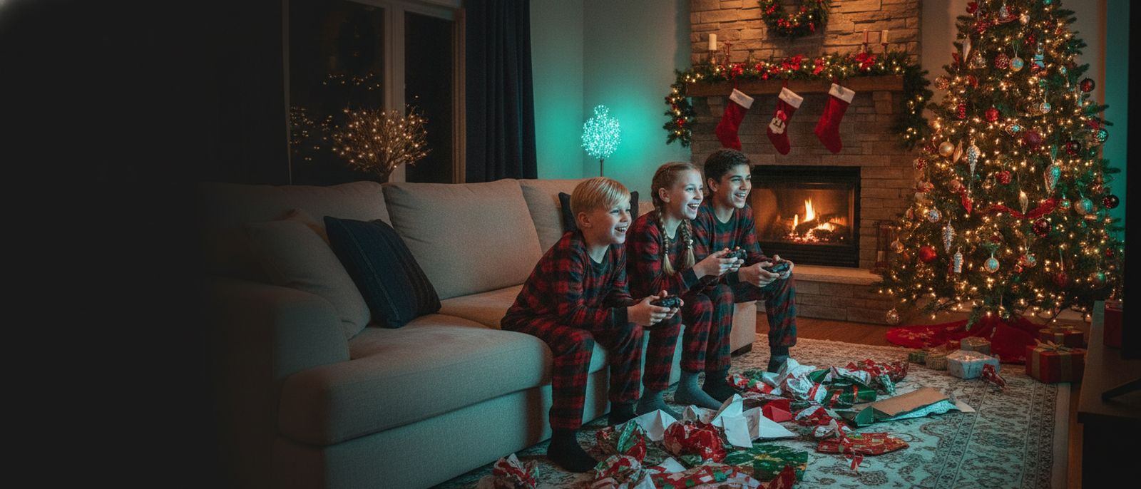 Kids in pajamas playing video games on the couch beside a Christmas tree