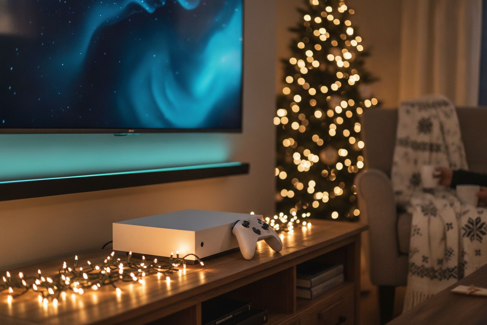 A compact home game console beside a TV with Christmas lights