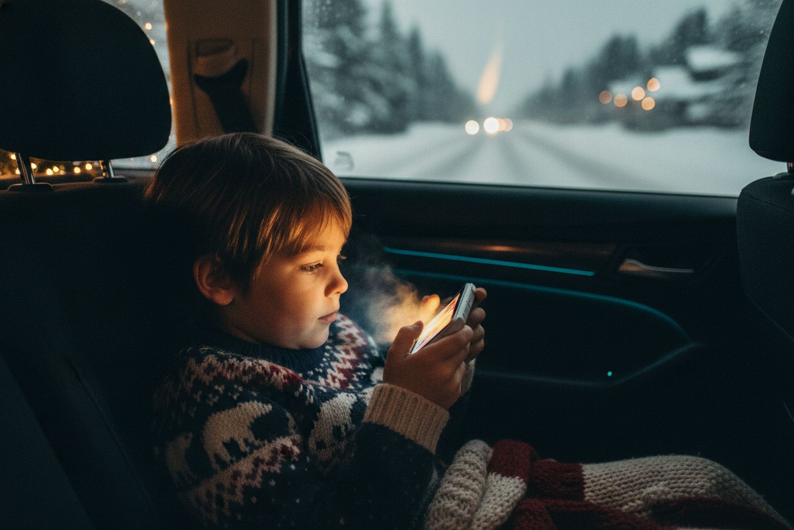 A child playing a handheld game console in the back seat on a snowy road trip