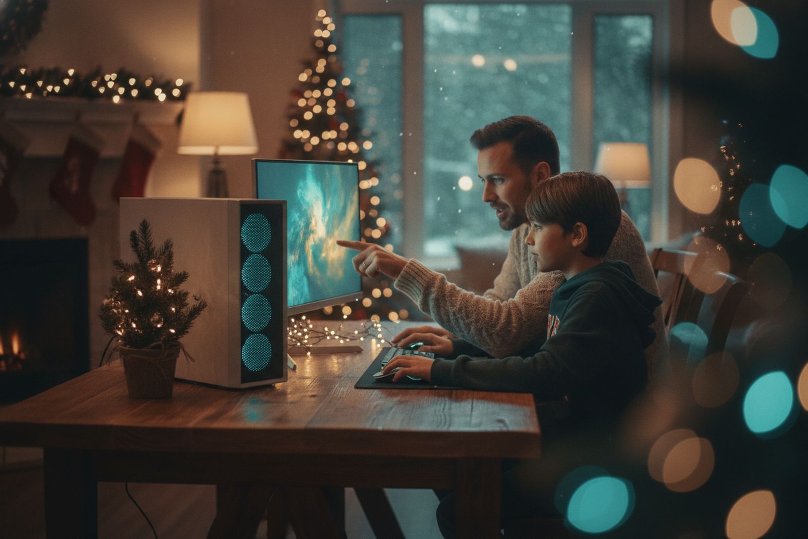 A parent and child at a family gaming PC at the kitchen table