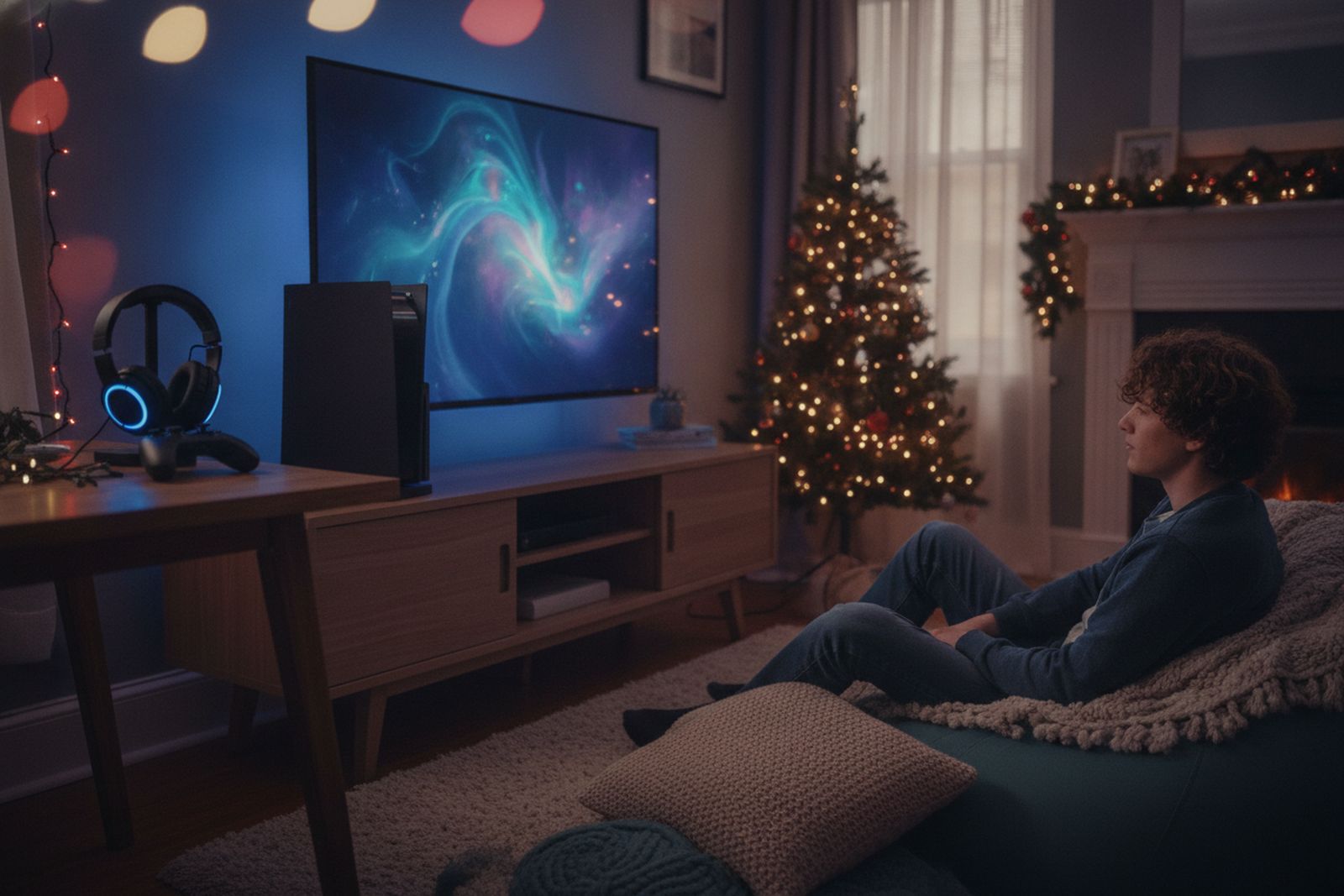 A home game console next to a living room TV with a gaming headset