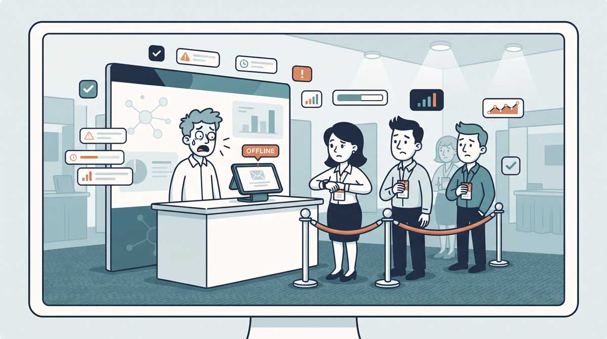 Illustration of an on-site point-of-sale system crashing at a live trade show.