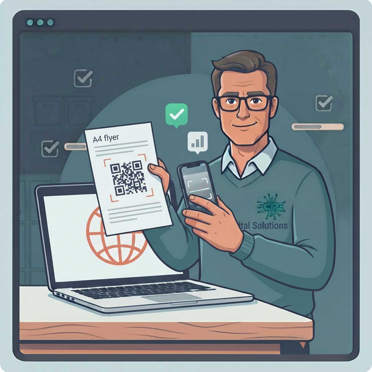 Illustration representing QR code creation and scan tracking.