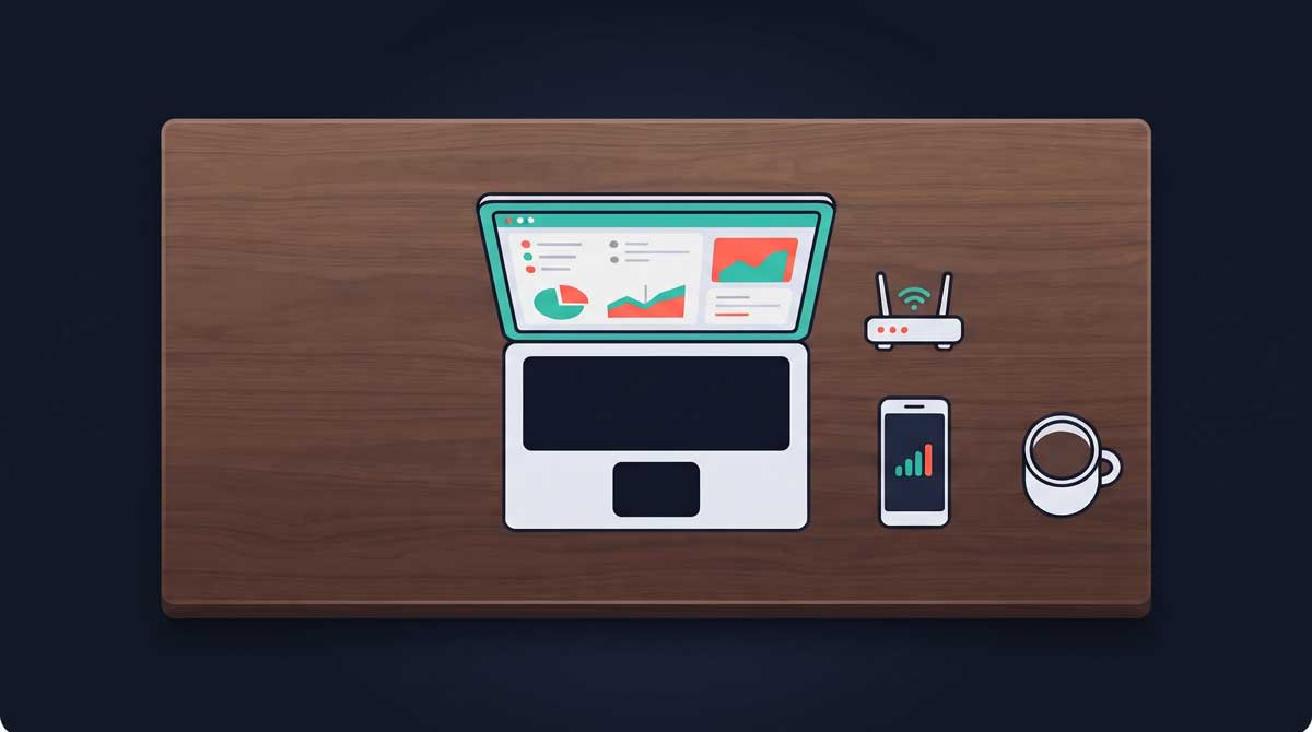 Flat-lay illustration of a laptop, router, phone, and coffee mug on a desk — the everyday tools CJR Digital Solutions manages.
